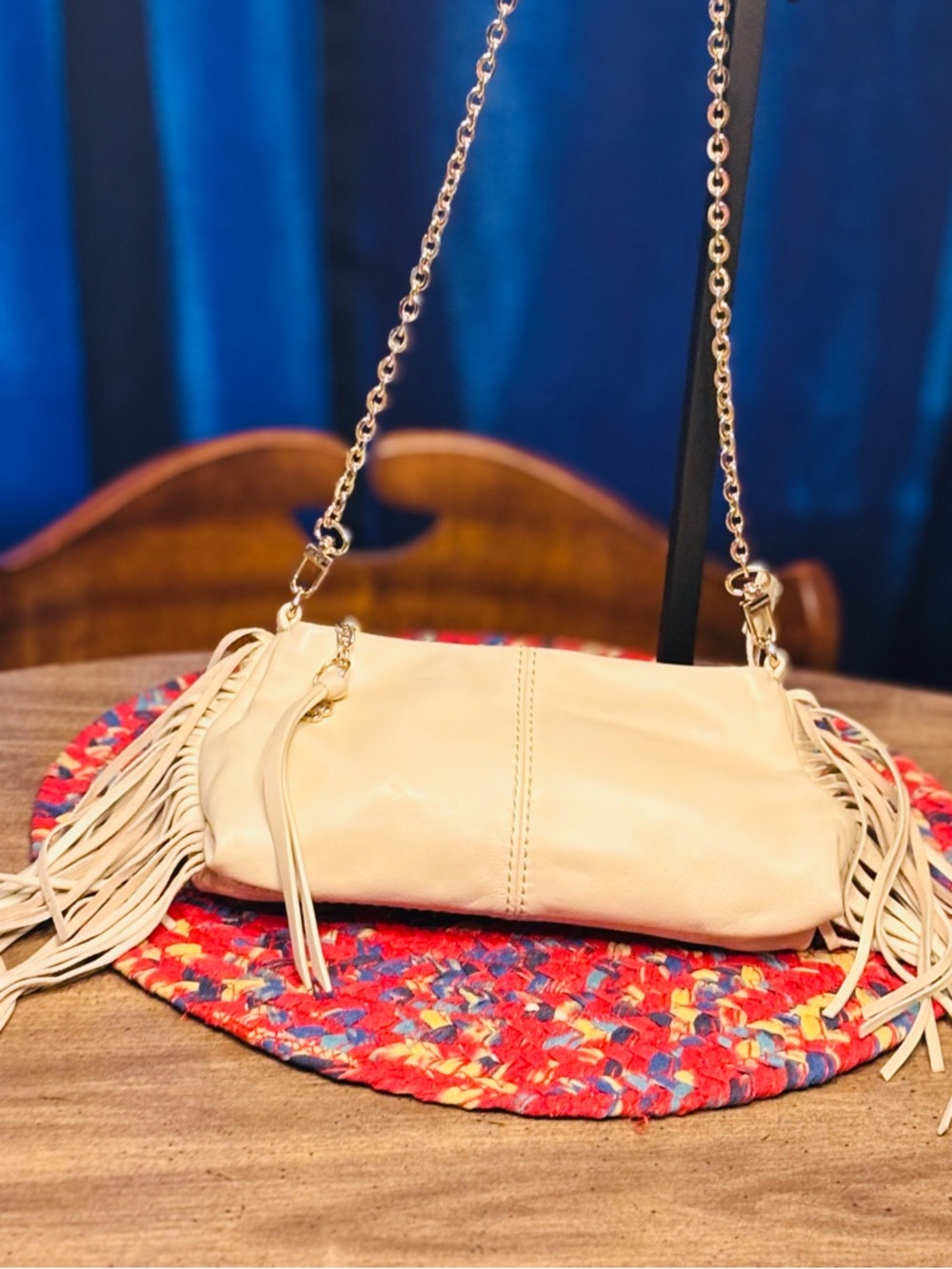 Maje Cream Leather Fringe Shoulder Bag with Gold Chain